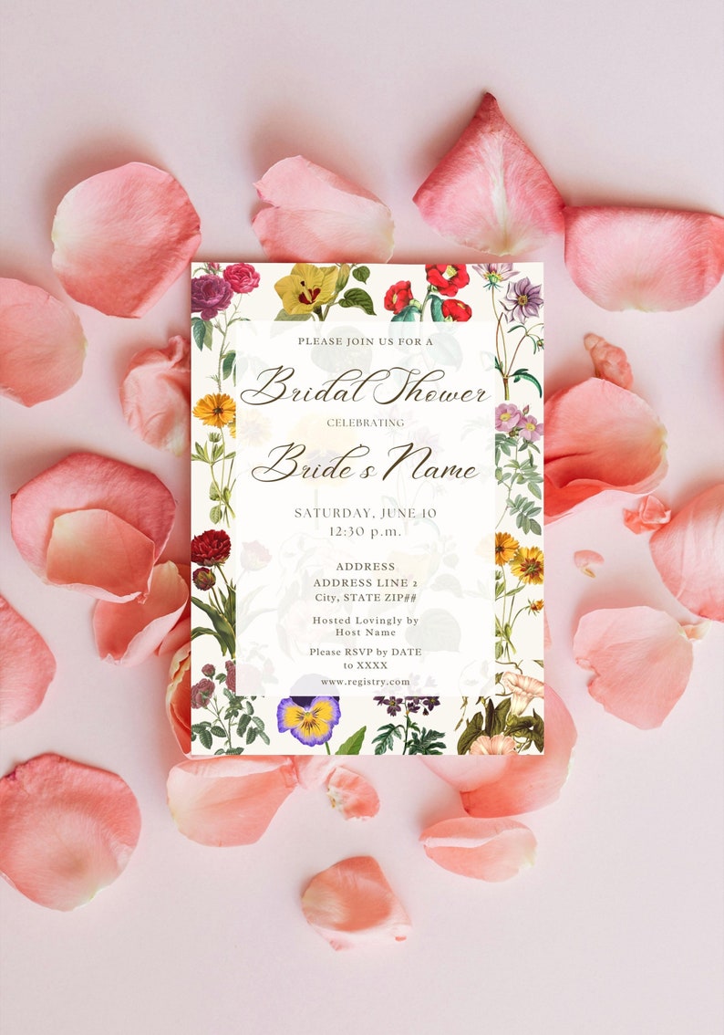 The Press Vintage Floral Bridal Shower Invitation Colorful Dried Flowers Varied Different Flowers Chic Antique Garden Warm Plants Template image 5