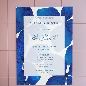 The Hydrangea Blue Electric Bright Royal Blue Hydrangea Flower Floral Chic Classic Simple Bridal Shower Invitation Custom Canva Template image 2