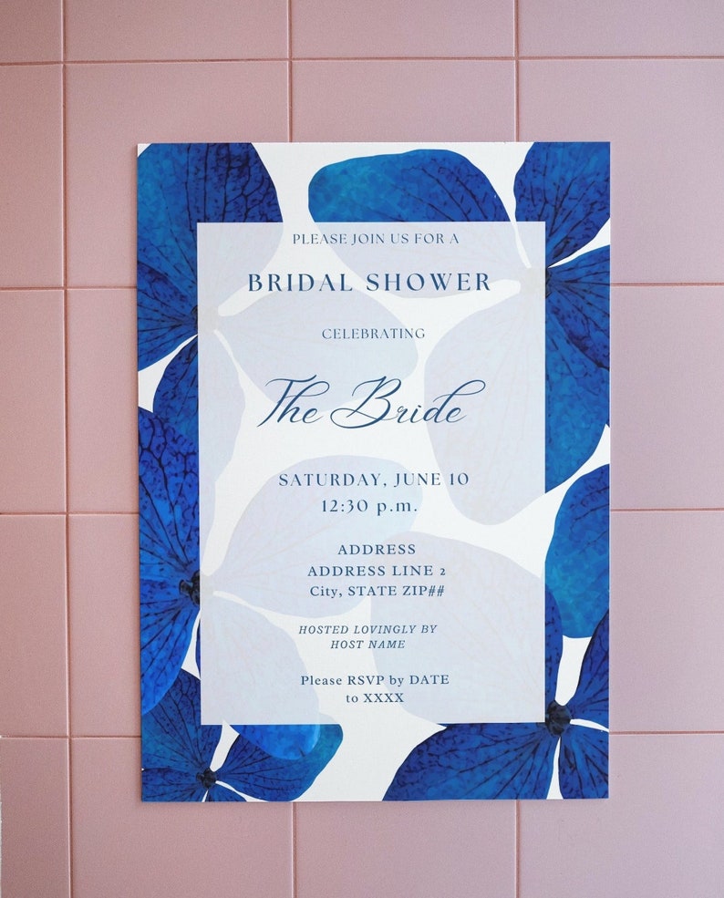 The Hydrangea Blue Electric Bright Royal Blue Hydrangea Flower Floral Chic Classic Simple Bridal Shower Invitation Custom Canva Template image 2