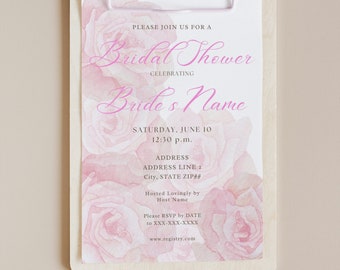 Invitación de despedida de soltera con diseño de Camila, elegante, clásico, sencillo, con diseño floral en blanco y rosa pastel claro, plantilla personalizada