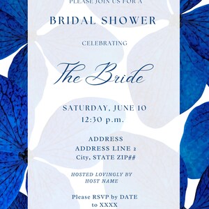 The Hydrangea Blue Electric Bright Royal Blue Hydrangea Flower Floral Chic Classic Simple Bridal Shower Invitation Custom Canva Template image 7