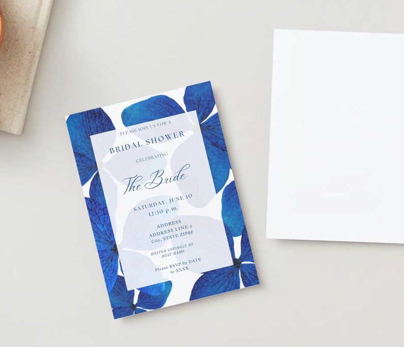 The Hydrangea Blue Electric Bright Royal Blue Hydrangea Flower Floral Chic Classic Simple Bridal Shower Invitation Custom Canva Template image 10