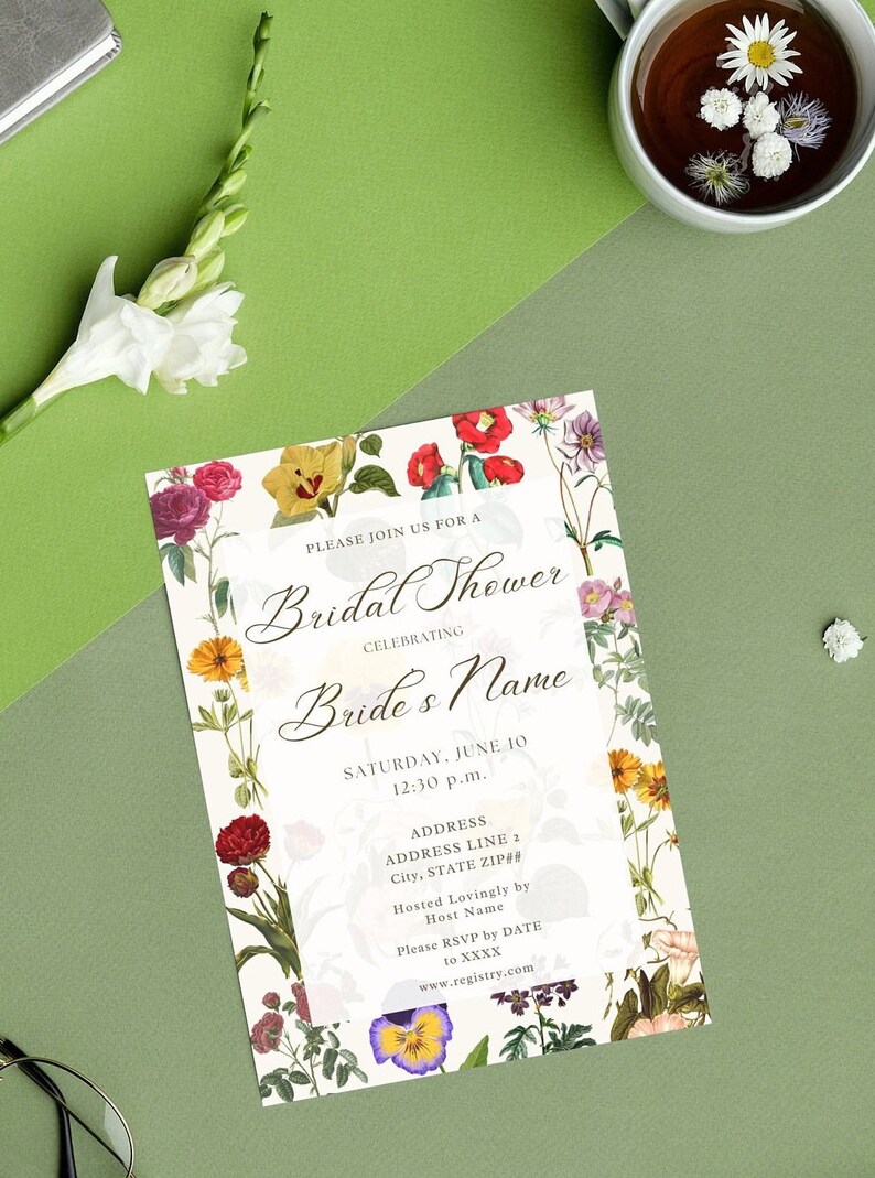 The Press Vintage Floral Bridal Shower Invitation Colorful Dried Flowers Varied Different Flowers Chic Antique Garden Warm Plants Template image 10