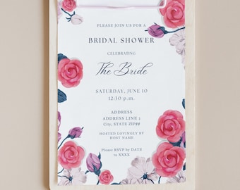 The Rosie Hot Pink and Purple Roses Rose Buds Floral Flowers Blossoms Garden Bridal Shower Invitation Custom Canva Template Digital Print