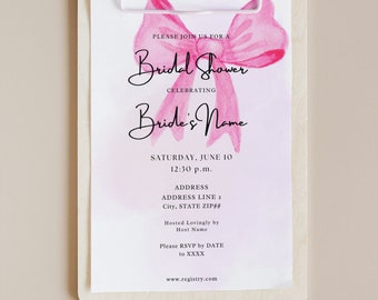 Pretty in Pink Hot Pink Big Bow Bridal Shower Invitation Ribbon Shades of Pink Chic Classic Fun Statement Simple Feminine Girly Template