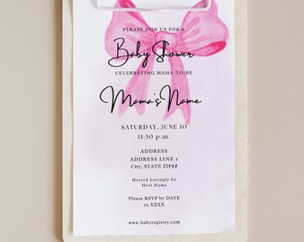 Pretty in Pink Bow Baby Shower Invitation Hot Pink Giant Bow Ribbon Shades of Pink Chic Classic Fun Statement Simple Feminine Girly Template