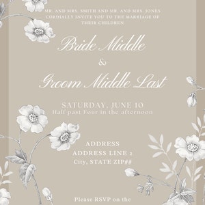 The Vintage Wildflower Caramel Elegant Beige Neutral Light Brown Flower Floral Overlay White Classic Wedding Invitation Formal Template image 5