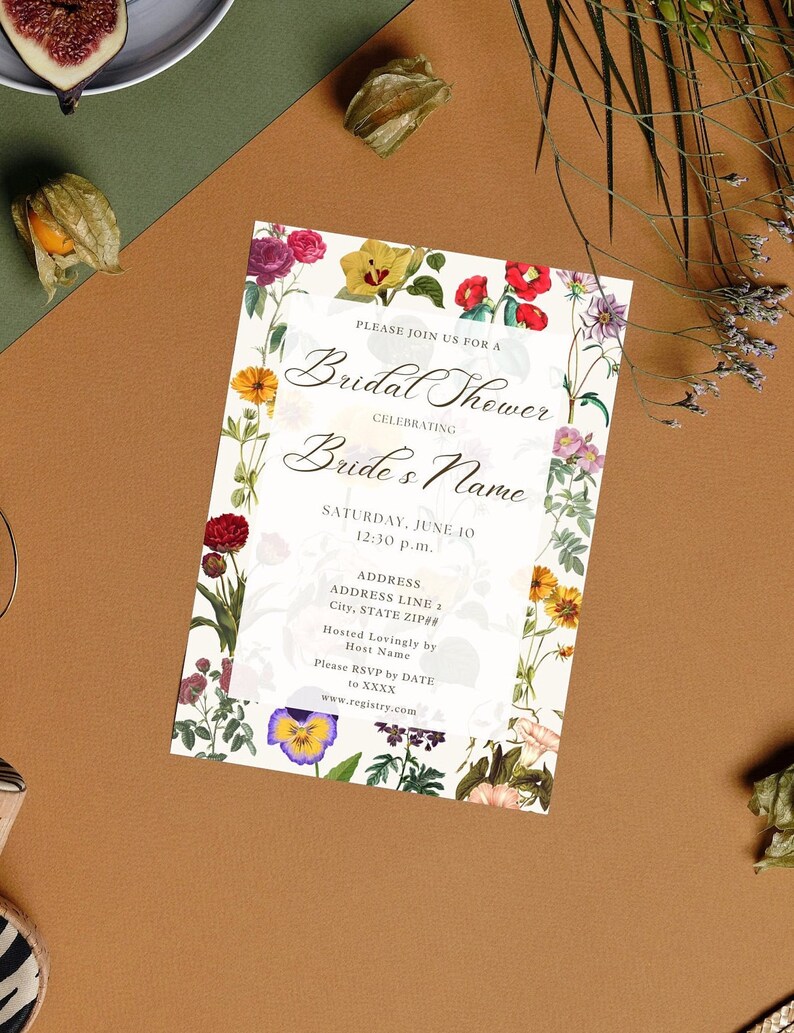 The Press Vintage Floral Bridal Shower Invitation Colorful Dried Flowers Varied Different Flowers Chic Antique Garden Warm Plants Template image 9