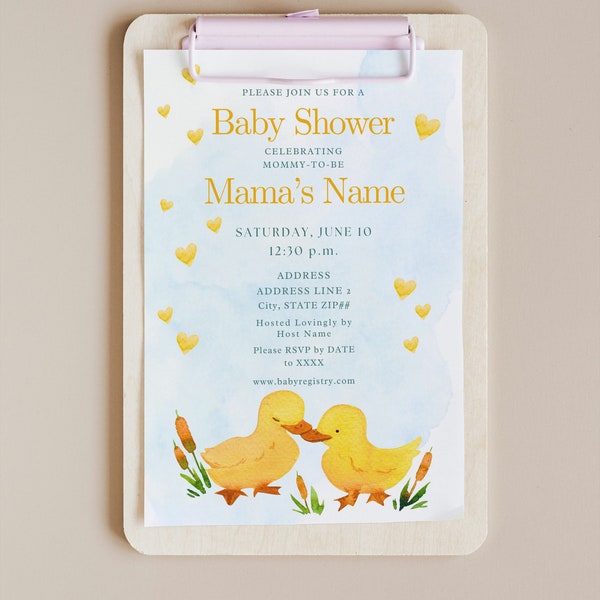 Mama and Me Duck Yellow Baby Shower Invitation Baby Duckling Mommy and Me Ducky Animal Storybook Hearts Gold Green Storybook Template