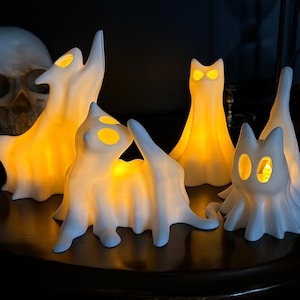 Spooky Ghost Cat with LED Tea Light: Halloween Decor, Cat Lover Gift