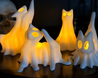 Gruselige Geisterkatze mit LED-Teelicht: Halloween Dekoration, Geschenk Katzenliebhaber