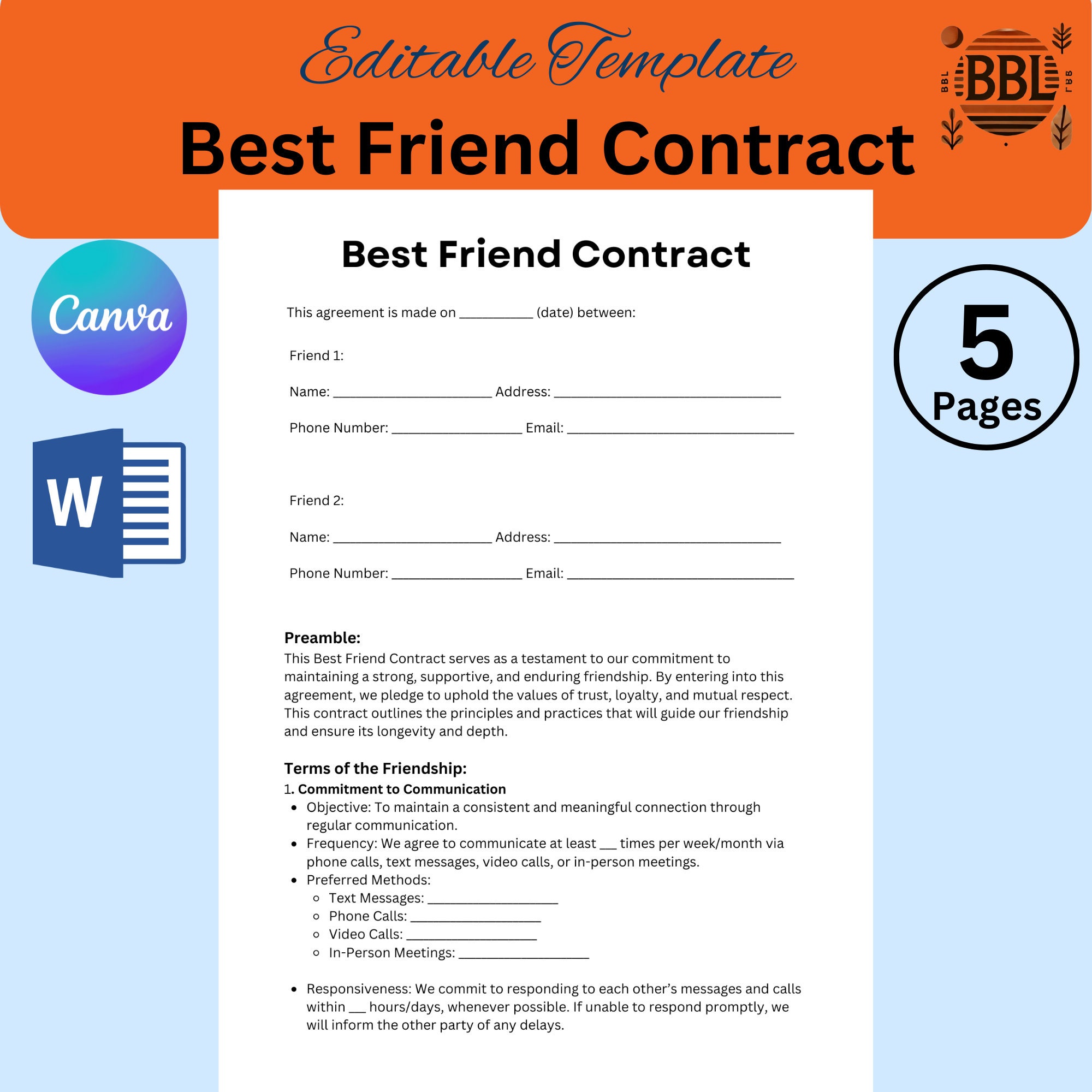 Editable Best Friend Contract Template Customizable Friendship Editable Best Friend Contract Template Customizable Friendship