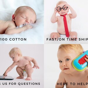 以下が含まれることがあります： 4つの赤ちゃんの画像コラージュ。白いふわふわの表面で寝ている赤ちゃん、メガネと赤いネクタイを着けている赤ちゃん、ラップトップと対話している赤ちゃん、おもちゃの電話を持っている赤ちゃん。テキストには「100％ COTTON」が含まれています。