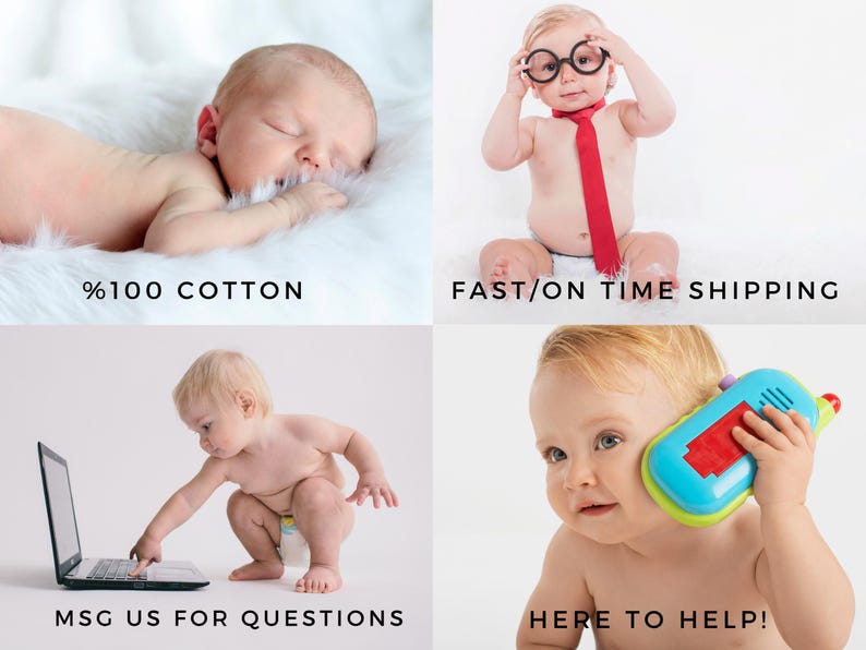 以下が含まれることがあります： 4つの赤ちゃんの画像コラージュ。白いふわふわの表面で寝ている赤ちゃん、メガネと赤いネクタイを着けている赤ちゃん、ラップトップと対話している赤ちゃん、おもちゃの電話を持っている赤ちゃん。テキストには「100％ COTTON」が含まれています。