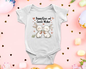 Camiseta y body para niño con besos de conejito y deseos de zanahoria, pareja de conejos, bonito atuendo, camiseta de búsqueda de huevos de Pascua, primer regalo de Pascua para bebé, primavera
