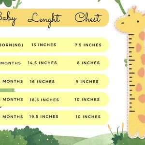 以下が含まれることがあります： 新生児から24ヶ月の赤ちゃん向けの、インチ単位の測定値が記載された黄色のキリン型の身長計。長さと胸囲の測定値が含まれており、「Baby Lenght Chest」というテキストが表示されています。