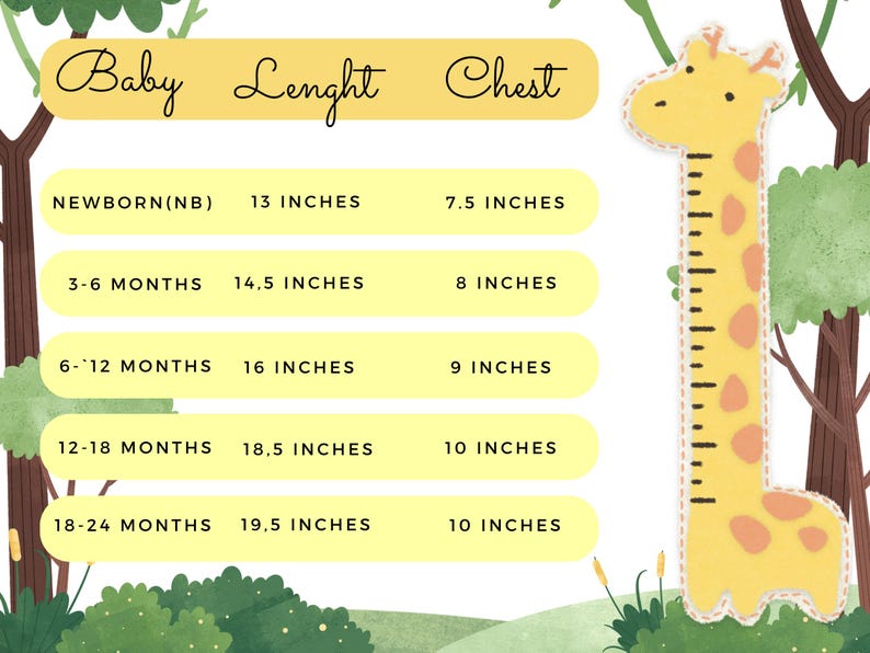以下が含まれることがあります： 新生児から24ヶ月の赤ちゃん向けの、インチ単位の測定値が記載された黄色のキリン型の身長計。長さと胸囲の測定値が含まれており、「Baby Lenght Chest」というテキストが表示されています。