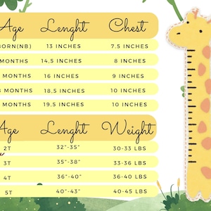 Puede incluir: Gr&aacute;fico de altura de jirafa amarillo y naranja con medidas en pulgadas y libras. El gr&aacute;fico incluye rangos de edad desde reci&eacute;n nacido hasta 5T, con las longitudes, contornos de pecho y pesos correspondientes. El texto est&aacute; en una fuente caprichosa.