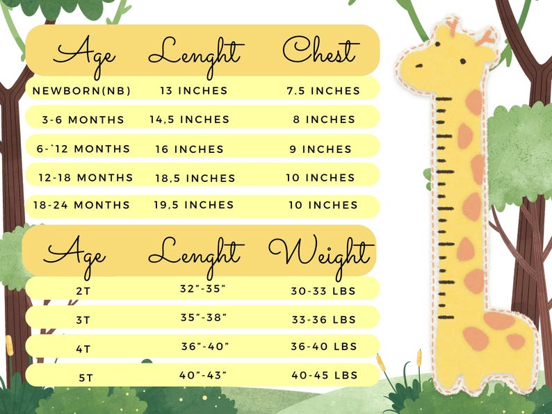 Puede incluir: Gr&aacute;fico de altura de jirafa amarillo y naranja con medidas en pulgadas y libras. El gr&aacute;fico incluye rangos de edad desde reci&eacute;n nacido hasta 5T, con las longitudes, contornos de pecho y pesos correspondientes. El texto est&aacute; en una fuente caprichosa.