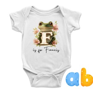 Body de bebé y camisetas para niños pequeños con nombre personalizado y letra F, equipo de animales, personalizado con nombre, letra inicial grande escrita a mano para niños
