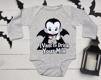 I Vant to drink your milk Halloween Baby Onesie Bodysuit Funny Little Vampire Gift for baby sister brother New Born Dracula Long short sleev