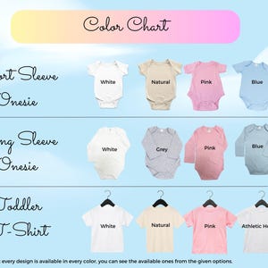 Puede incluir: Tabla de colores que muestra bodies y camisetas para ni&ntilde;os peque&ntilde;os en varios colores, incluyendo blanco, natural, rosa y azul. La imagen incluye el texto "Color Chart", "Short Sleeve Onesie", "Long Sleeve Onesie" y "Toddler T-Shirt".