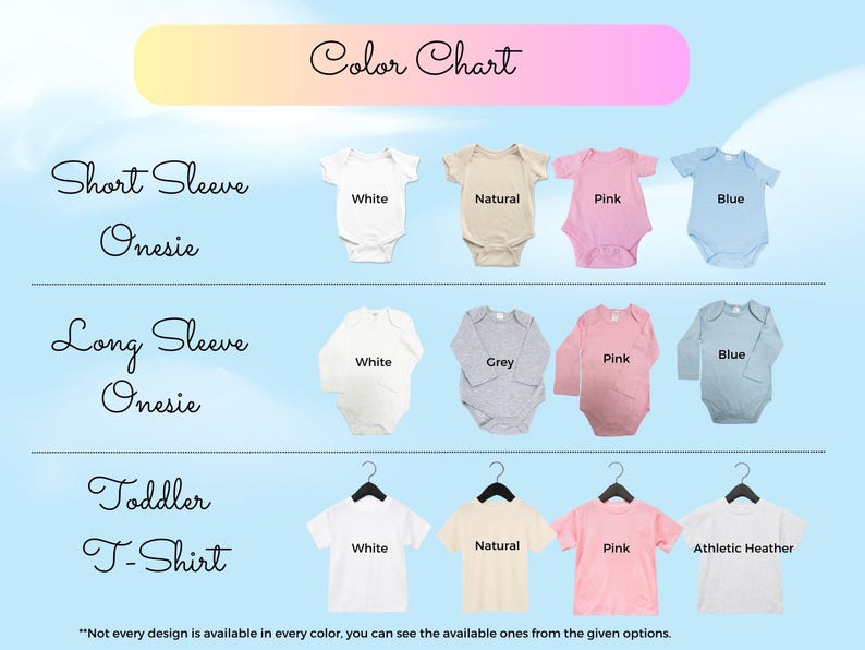 Puede incluir: Tabla de colores que muestra bodies y camisetas para ni&ntilde;os peque&ntilde;os en varios colores, incluyendo blanco, natural, rosa y azul. La imagen incluye el texto "Color Chart", "Short Sleeve Onesie", "Long Sleeve Onesie" y "Toddler T-Shirt".