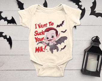 あなたのミルクを吸いたい ハロウィン ベビーワンジー ボディスーツ おもしろい小さな吸血鬼 赤ちゃん 姉妹 兄弟へのギフト 新生児 ロング 半袖 コットン