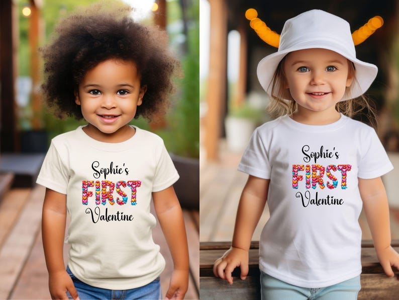 May include: Two young children wearing white and cream-colored t-shirts. The shirts have the text "Sophie's FIRST Valentine" in a colorful heart design. The children are smiling and wearing blue jeans.