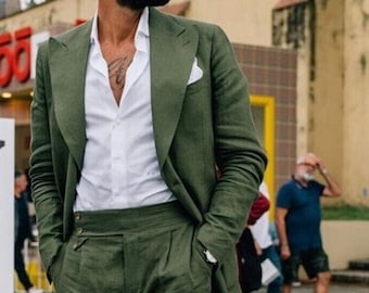 Men’s Linen Suits Men Linen Two Piece Suit Men Wedding Linen Suit Two Button Linen Suit Regular Fit Green Linen Suits New arrive Gift for