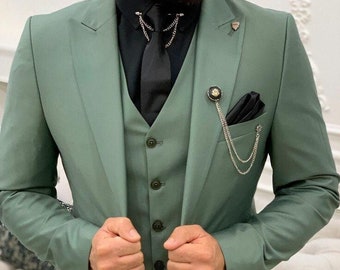 Groomsman sage green 3 piece suits Vintage bespoke Suit Men Stylish Slim Fit Elegant Suit Men 3 Piece Suit Men green suits casual 3 piece