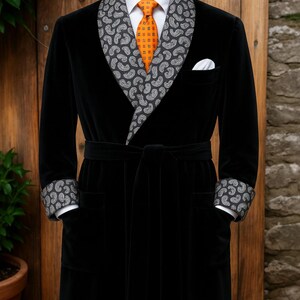 May include: A black velvet smoking jacket featuring a grey shawl collar with a white paisley pattern, matching grey paisley cuffs, a white dress shirt, an orange patterned tie, and a white pocket square. The text RUBEE FASHION is visible.