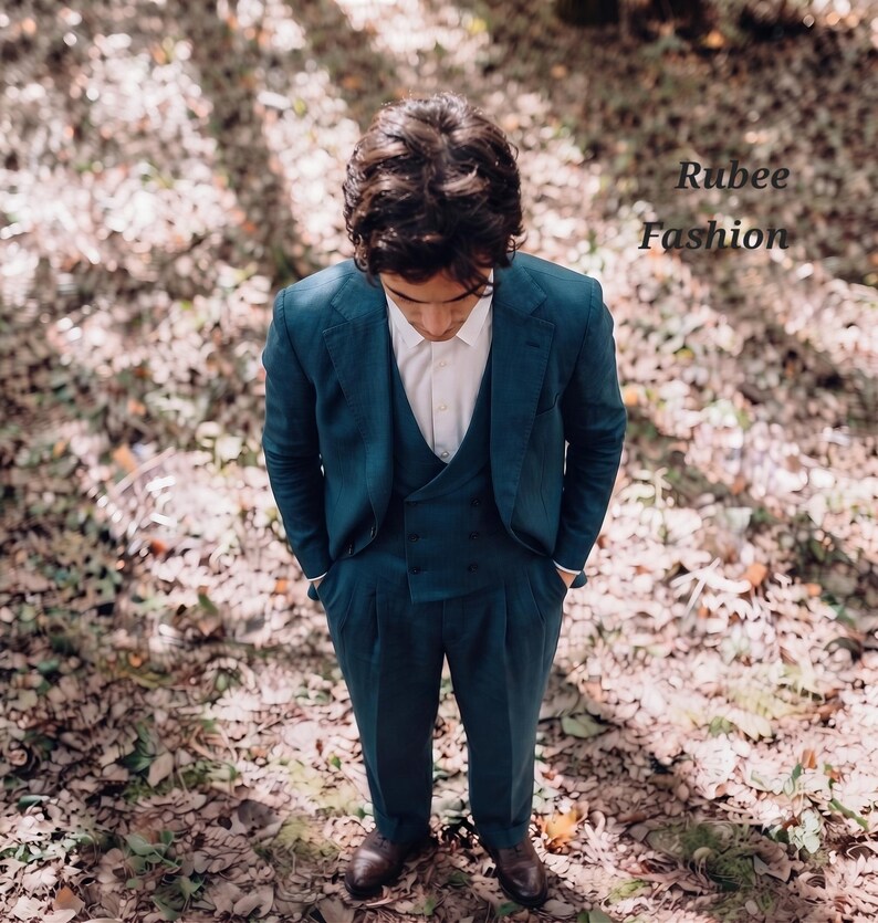 Men's 1980s Style Teal Linen Suit, Casual Fit Custom Tailored image 3
