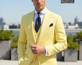 Yellow Linen Suit: Slim Fit Three Piece Wedding Suit