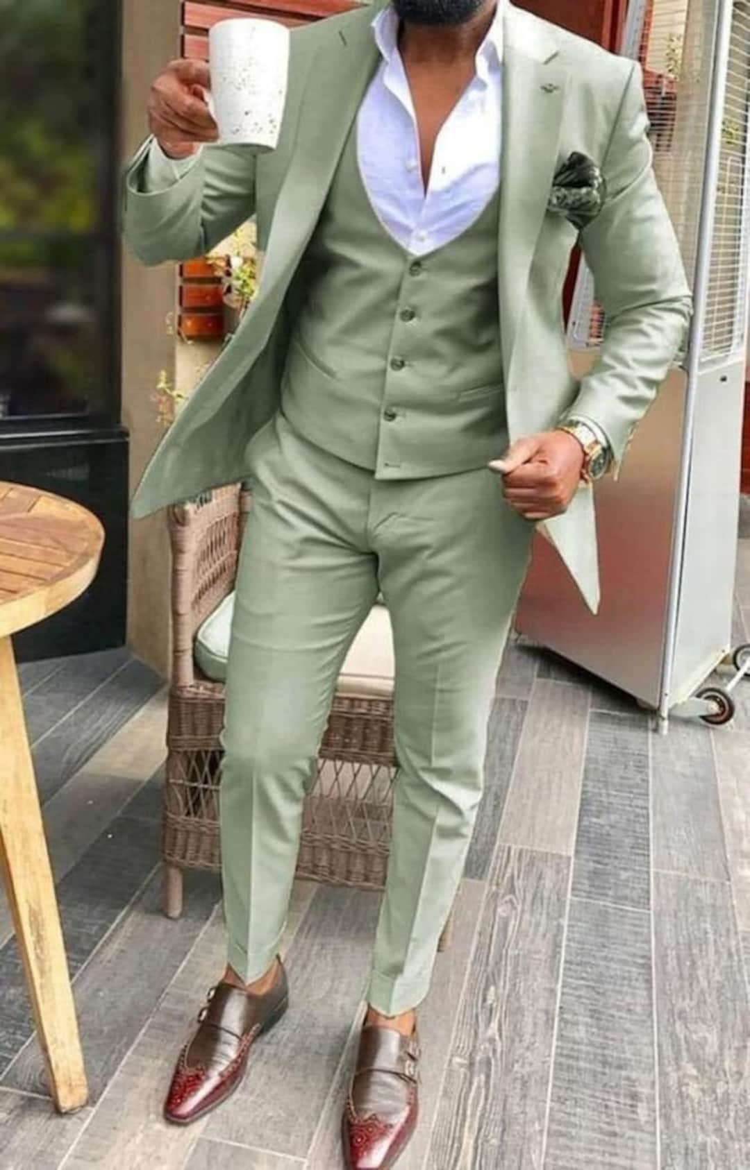 Buy Men's Pista Green Slim Fit 3-piece Suit: Wedding, Groomsmen