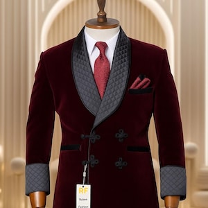 Men's Burgundy Velvet Double-Breasted Blazer: Quilted Lapel Party Jacket
