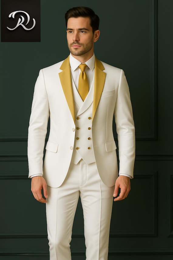 green emerald velvet dress Men's Navy Blue and Gold Baroque Tuxedo Suit with Matching Vest and Bo