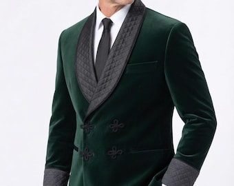 Men's Green Velvet Double-Breasted Blazer:black satin Quilted Lapel Party Jacket