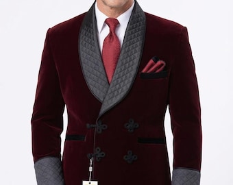 Men's Burgundy Velvet Double-Breasted Blazer: Quilted Lapel Party Jacket