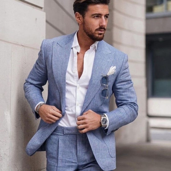 Trajes de lino azul cielo para hombres Traje de dos piezas de lino para hombres Traje de lino para bodas Traje de lino con un botón Trajes de lino de corte regular Nuevo llega Regalo para