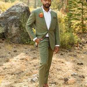 Men olive green linen 2 piece suits grooms wear suit new casual fit suit