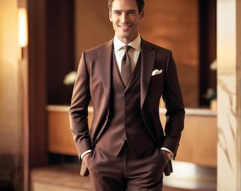 ブラウンの3ピーススーツ：メンズウェディングタキシード、オーダー