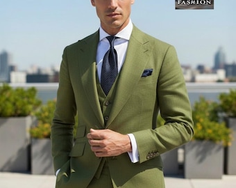オリーブグリーンのリネンスーツ：メンズ3ピースウェディングスーツ