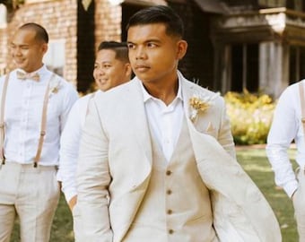 Ivory Linen Suit: Bespoke Groomsmen Wedding Suit
