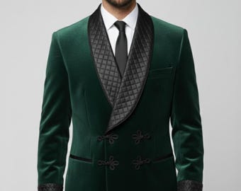 Men's Green Velvet Double-Breasted Blazer:black satin Quilted Lapel Party Jacket