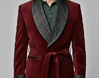 Men Burgundy velvet robe Men Clothing Black Satin Quilted Rob