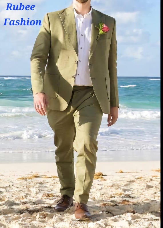 Terno masculino de linho verde-oliva: terno de casamento de duas