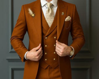 Men Terracotta Rust Orange 3-Piece Suit: Men's Bespoke Wedding Party Wear