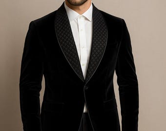 Men's Black Velvet quilted Blazer: Quilted Lapel Party Jacket