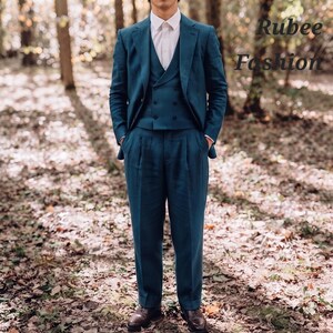 Men's 1980s Style Teal Linen Suit, Casual Fit Custom Tailored image 2